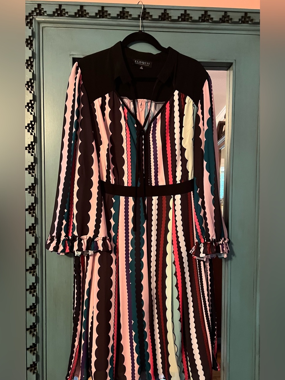 Eloquii Multicolor Scallop-Stripe Long Sleeve Dress - Black, Pink, Teal, Cream